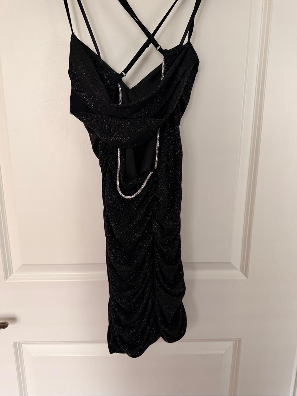 Windsor Black Sparkle Ruched Backless Mini Dress with Chain Straps - Picture 4 of 6